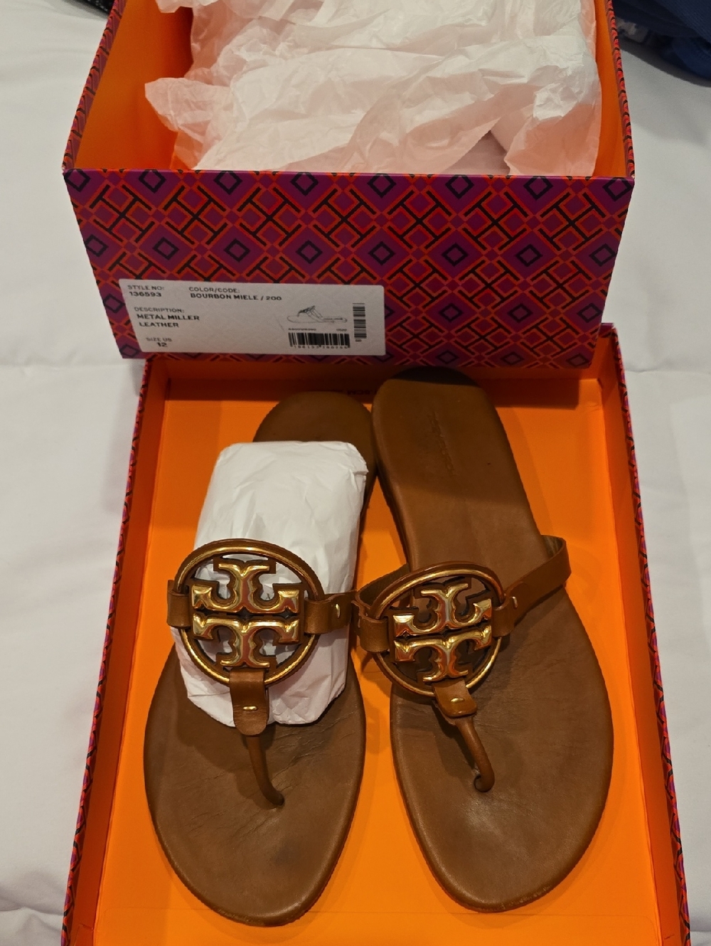 Tory Burch Brown Leather Logo Thong Sandals with Gold Medallion